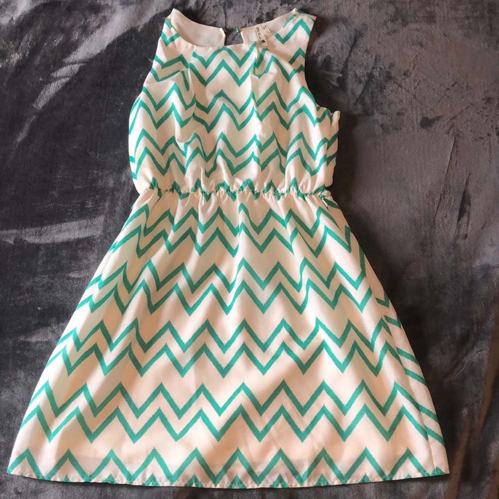 Chevron pattern teal and cream dress